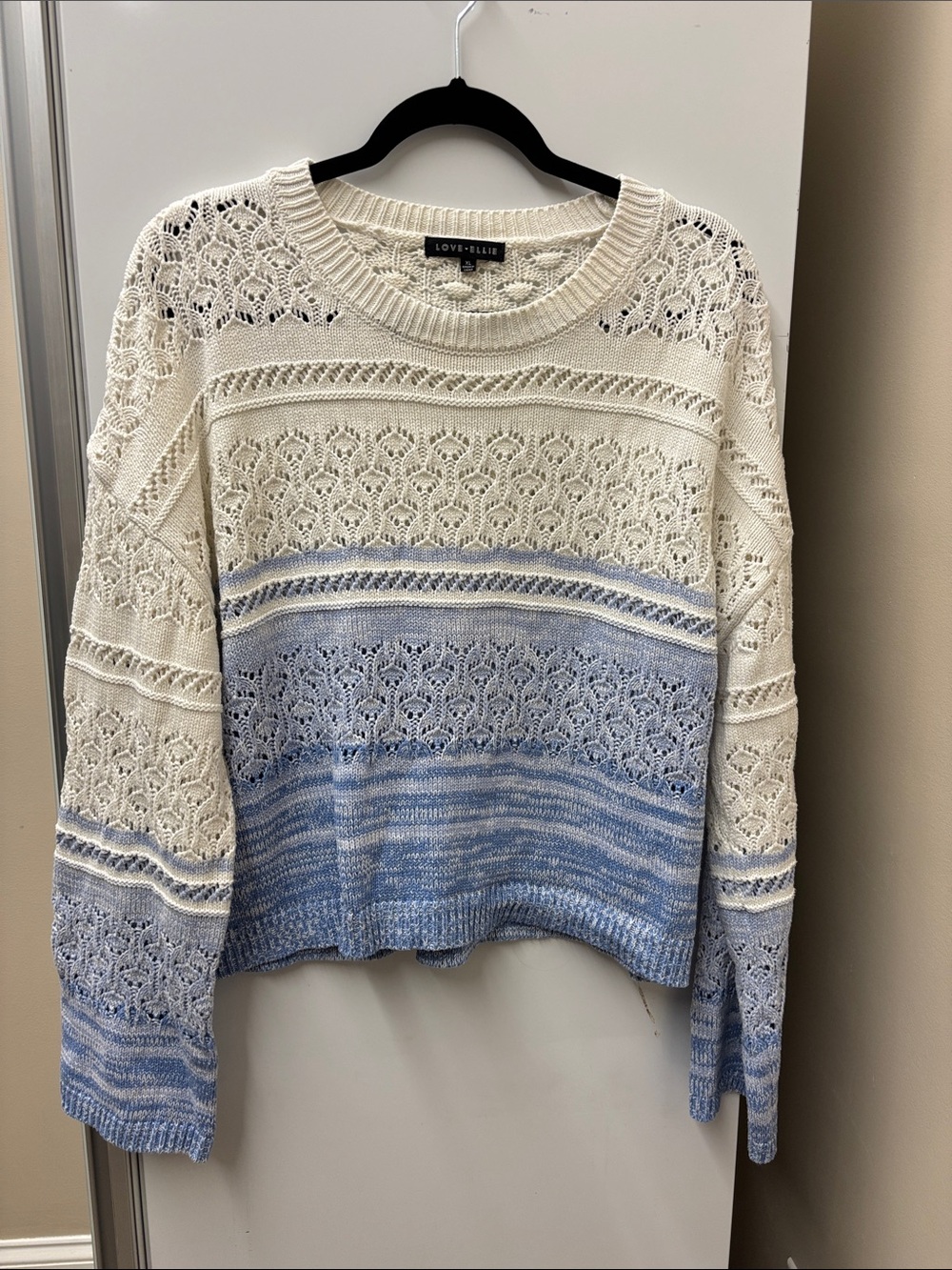 Love+Libby Cream & Light Blue Openwork Crew Neck Sweater